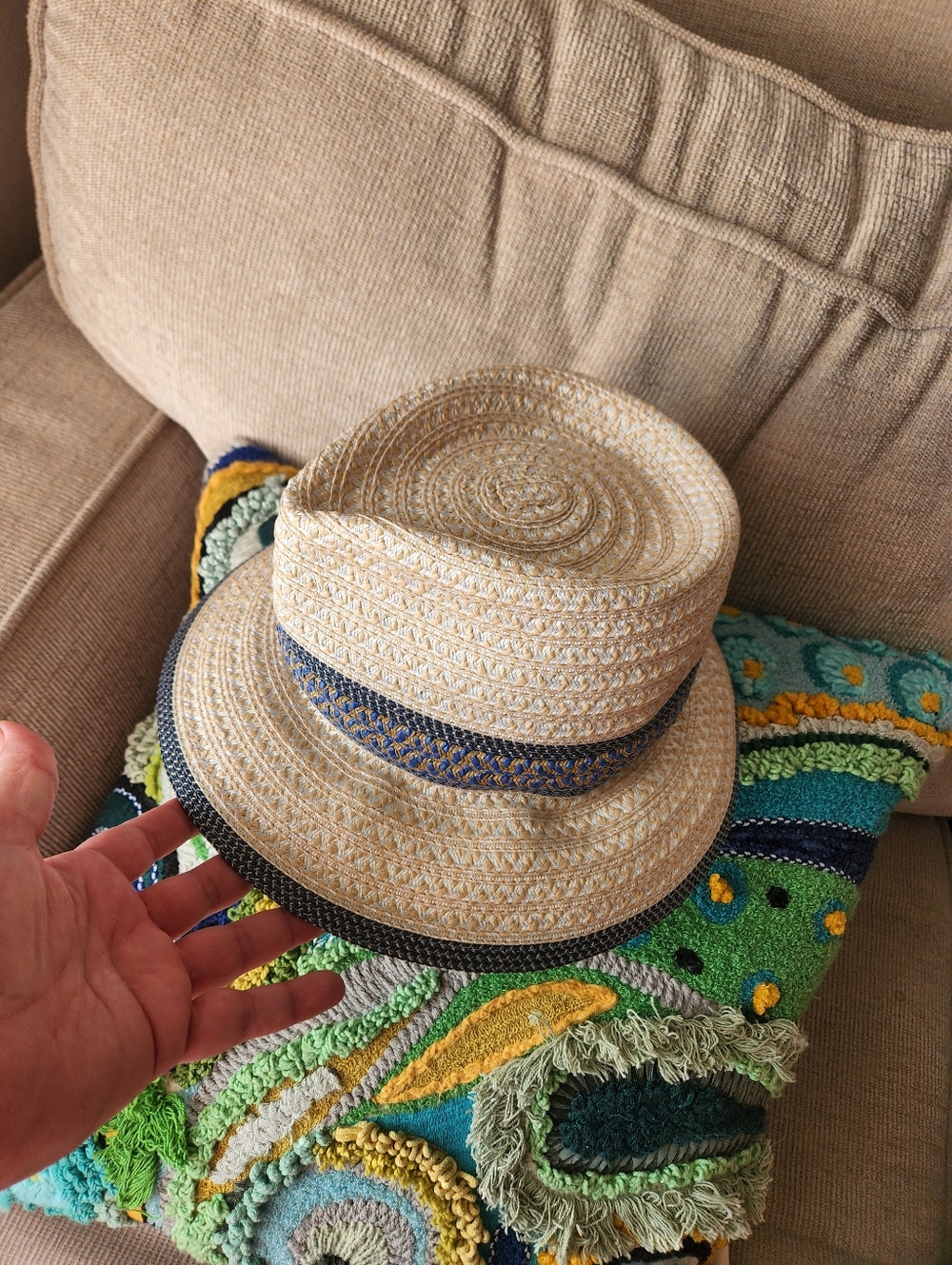 Straw Boater Hat with Navy Accent